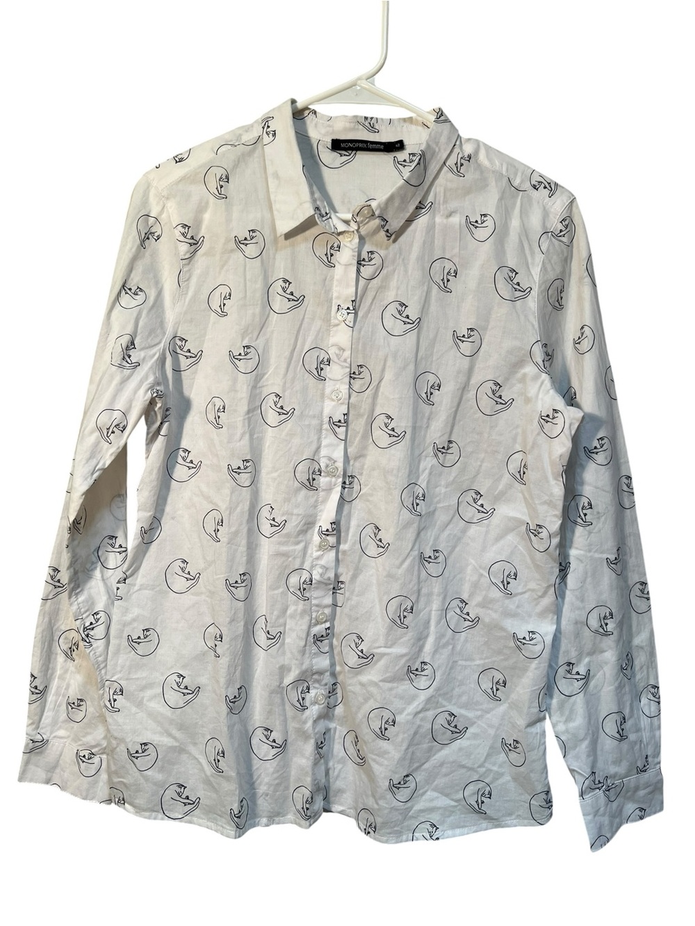 Monoprix Femme Button Down Shirt White Black Cat Novelty Print 42